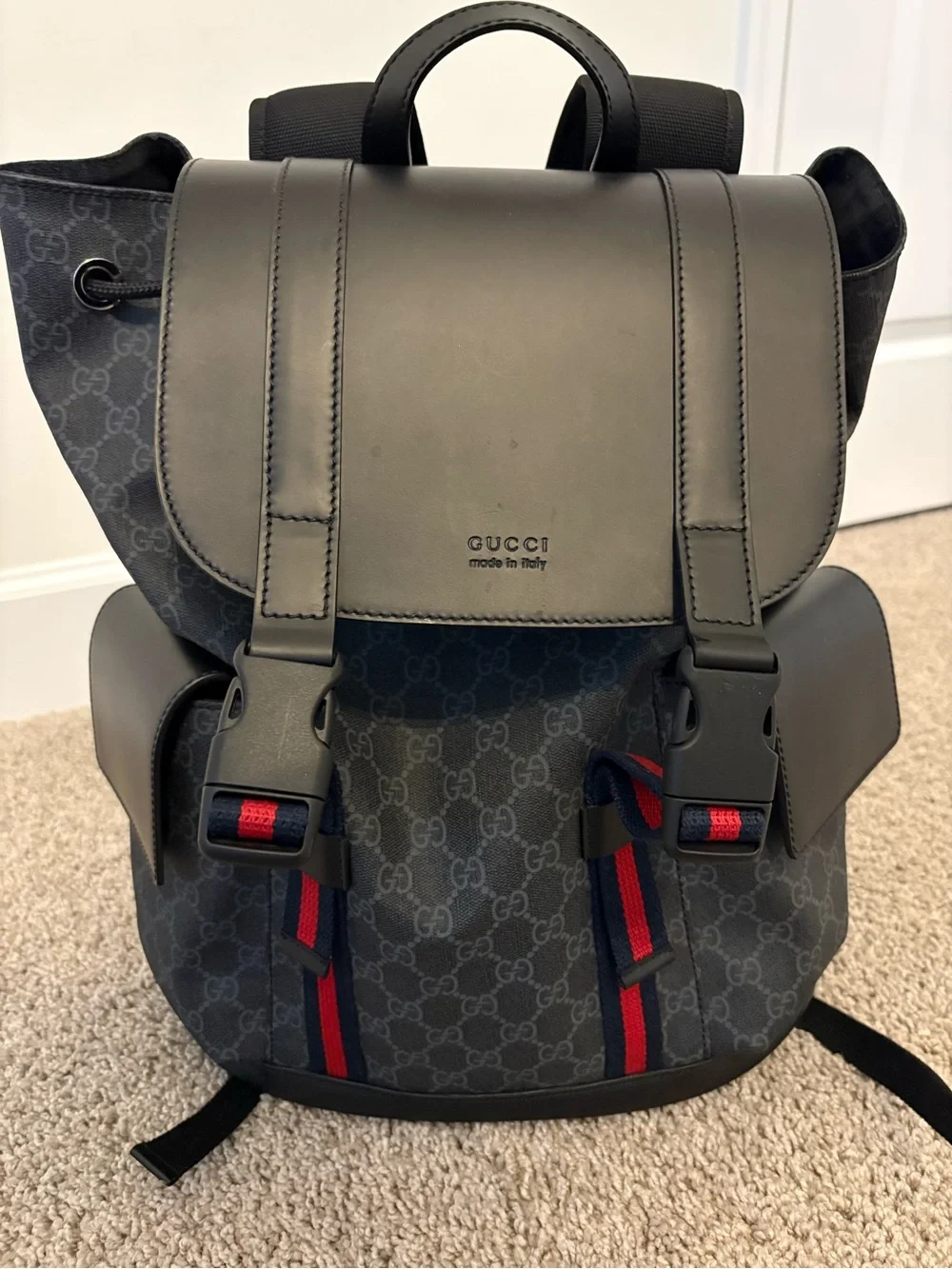 Brand New Gucci  Black GG Supreme Backpack with Red and Blue Web Straps